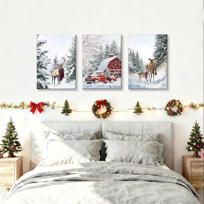 WENGTIAO Christmas Canvas Wall Art 3Pcs Winter Snowy Forest Prints Posters Red Truck Cabin Paintings Reindeer Pictures Vintage Xmas Artwork for Living Room Bedroom Bathroom Office 16”x24”x3