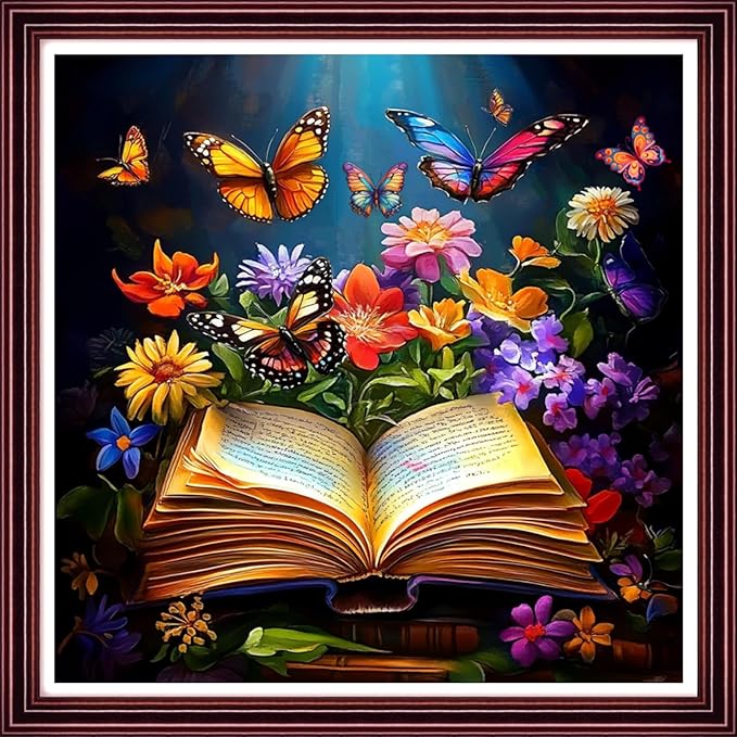 DMCCRAFT Stamped Cross Stitch Kits for Adults 11CT Printed Cross-Stitch Patterns Embroidery Kits Easy Cross Stitching Needlepoint Kits Crossstitch-Flowers, Books, Butterflies 18x18 inch