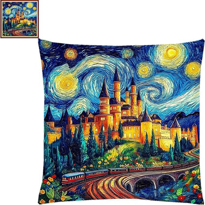 Lovxvouy Pillow Cross Stitch Kits for Adults Beginners-Preprinted Needlepoint Kit Stamped Crossstitching Kits 11CT Cross-Stitch Kit Stitches Kit Embroidery Kits-Van Gogh Starry Night Castle18x18inchs