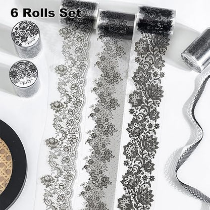 AuriicLeaf Lace Dream PET Tape Set, 6 Rolls of Elegant Floral Stickers for Scrapbooking, Journaling, DIY Crafts, and Art Supplies