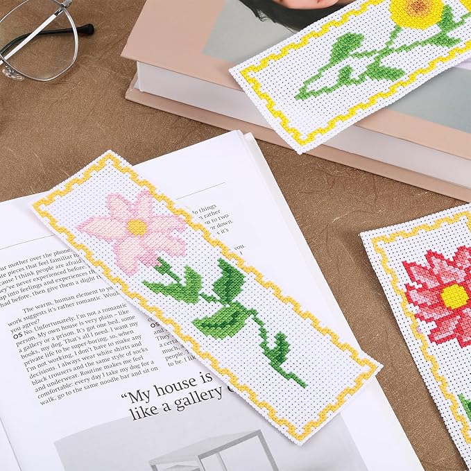FREEBLOSS 6 Set Cross Stitch Bookmark Kit - Vivid Flowers Designed Stamped Embroidery Bookmark with Instruction - Cross Stitch Kits for Adults - 8''x2.4''
