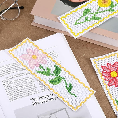 FREEBLOSS 6 Set Cross Stitch Bookmark Kit - Vivid Flowers Designed Stamped Embroidery Bookmark with Instruction - Cross Stitch Kits for Adults - 8''x2.4''