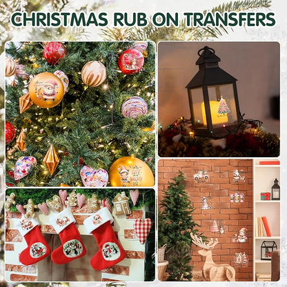 24 Sheets Vintage Christmas Rub On Transfers for Crafts, Rub On Transfers Christmas for Wood，Furniture Decals, Glass, Porcelain, Leather, Canvas, Fabric Projects,3 * 3inch