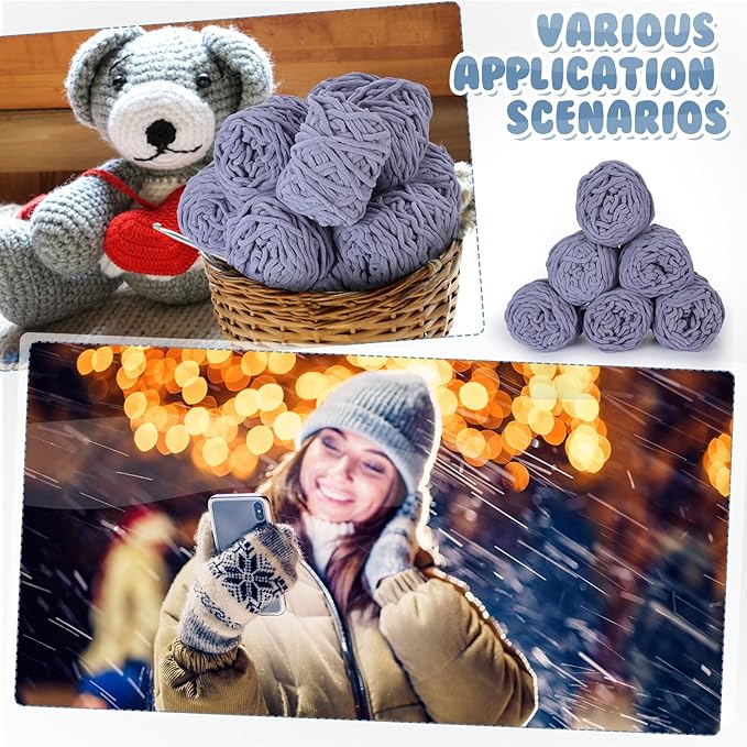 Buryeah 8 Pack Chunky Chenille Yarn for Crocheting Soft Thick Fluffy Yarn for Hand Knitting Bulky Velvet Blanket Plush for Weaving DIY Crafts Each 3.5 oz 55 Yards (Light Gray)