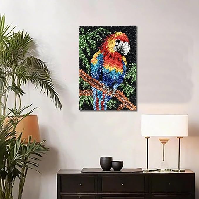 KitsMaster Bright Macaw Latch Hook Kit – Pre-Printed Canvas, Color-Coded Yarn, Tropical Décor Craft Kit, Rug Craft for Adults & Beginners, 23.6''x15.8'' (Tropical Parrot)