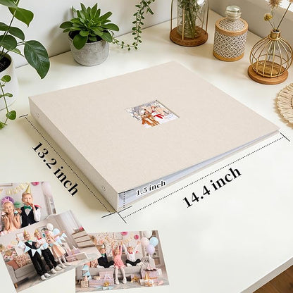 Hiwhy 12x12 Inch Large 3 Ring DIY Scrapbook Photo Album, Linen Cover Scrapbook with 40 Sheets Plastic Sleeves 80 Pages Memory Book for Wedding Birthday Baby Family (Beige)