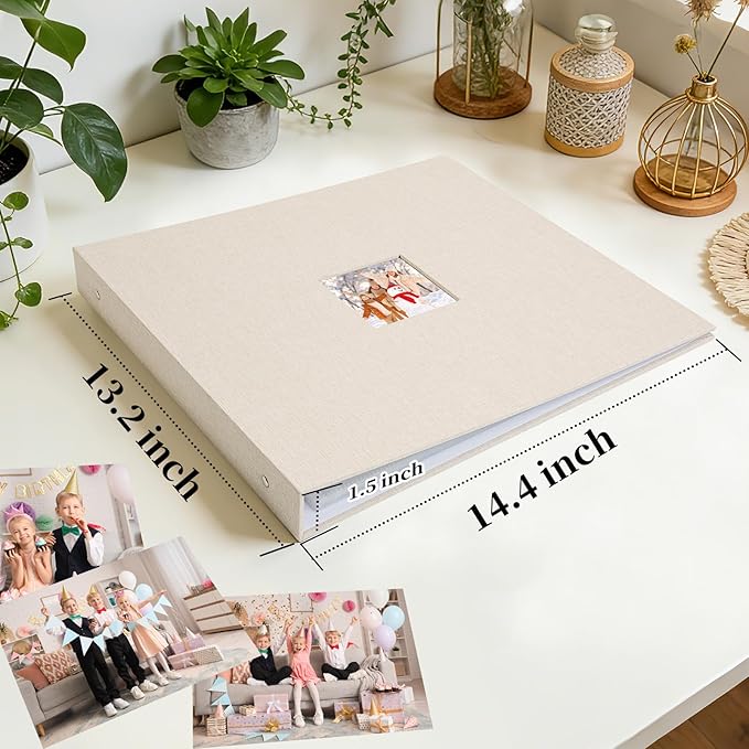 Hiwhy 12x12 Inch Large 3 Ring DIY Scrapbook Photo Album, Linen Cover Scrapbook with 20 Sheets Plastic Sleeves 40 Pages Memory Book for Wedding Birthday Baby Family (Beige)