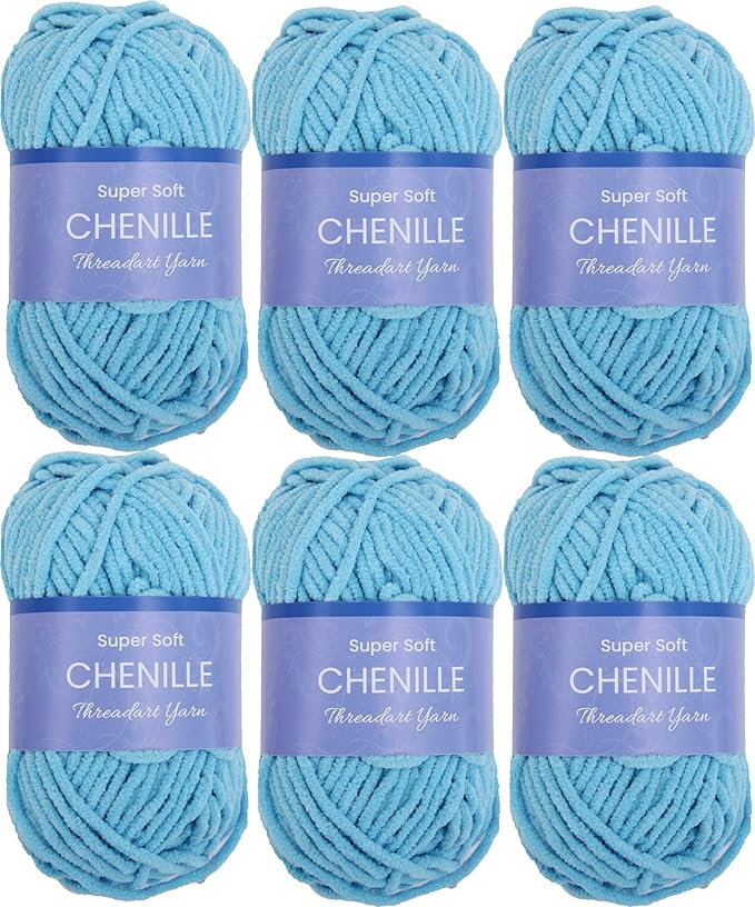 6 Pack ThreadArt Chenille Yarn for Crocheting, Knitting, Amigurumi, Super Soft Plush Velvet Yarn - 50 Gram 60 yds #5 Fluffy Yarn Skeins - Aqua 09