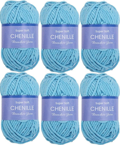 6 Pack ThreadArt Chenille Yarn for Crocheting, Knitting, Amigurumi, Super Soft Plush Velvet Yarn - 50 Gram 60 yds #5 Fluffy Yarn Skeins - Aqua 09