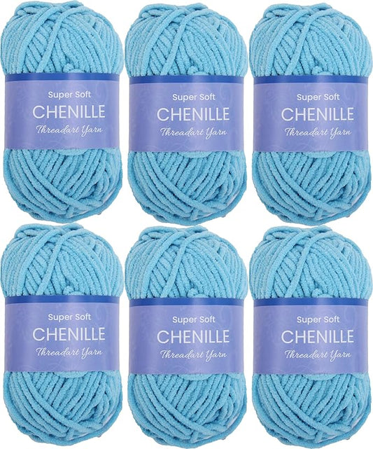 6 Pack ThreadArt Chenille Yarn for Crocheting, Knitting, Amigurumi, Super Soft Plush Velvet Yarn - 50 Gram 60 yds #5 Fluffy Yarn Skeins - Aqua 09