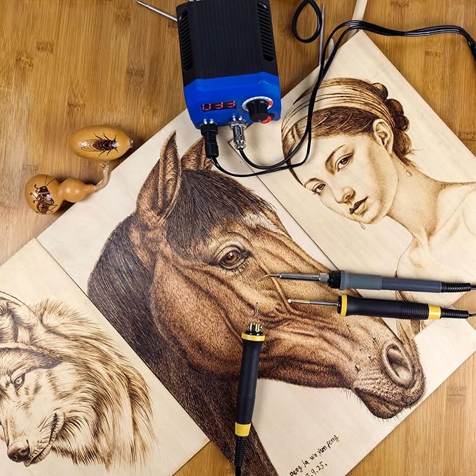 FIRElood LH55-2-3 Wood Burner kit Wood Burning Tool Pen 25~750℃, Wood Burning kit with Digital Thermometer Temperature Adjustable Temperature, 3 pyrographic Wood Burning pens, 37 Wood Burning Pen Tips