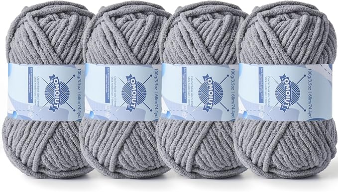 Chunky Chenille Yarn for Crocheting，Baby Yarn for Crocheting Soft Blankets，Bulky Yarns for Crochet Amigurumi，4×100g (4×74.3yds) Fluffy Velvet Yarns for Hand Knitting (4 Light Gray)