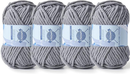 Chunky Chenille Yarn for Crocheting，Baby Yarn for Crocheting Soft Blankets，Bulky Yarns for Crochet Amigurumi，4×100g (4×74.3yds) Fluffy Velvet Yarns for Hand Knitting (4 Light Gray)