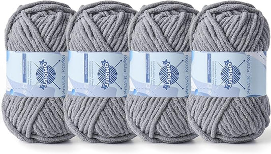 Chunky Chenille Yarn for Crocheting，Baby Yarn for Crocheting Soft Blankets，Bulky Yarns for Crochet Amigurumi，4×100g (4×74.3yds) Fluffy Velvet Yarns for Hand Knitting (4 Light Gray)