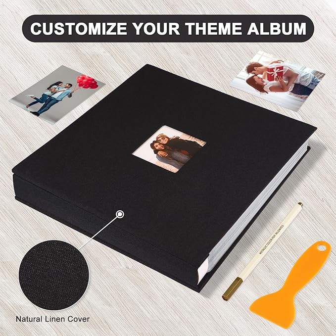 Self Adhesive Photo Album Black Pages Scrapbook Magnetic Photo Albums for 4x6 5x7 8x10 Pictures Books with Sticky Pages with A Metallic Pen for Baby Family Wedding 13.2x12.8 Black 120 Pages
