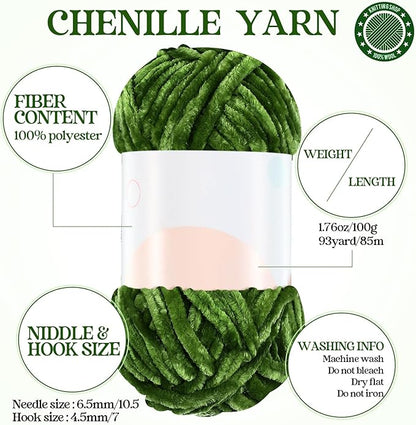 Woanger 20 Skeins Soft Chenille Yarn Velvet Blanket Yarn for Crocheting Hand Knitting Weaving DIY Craft, 10 Colors, 93 Yards Each (Green Tone)