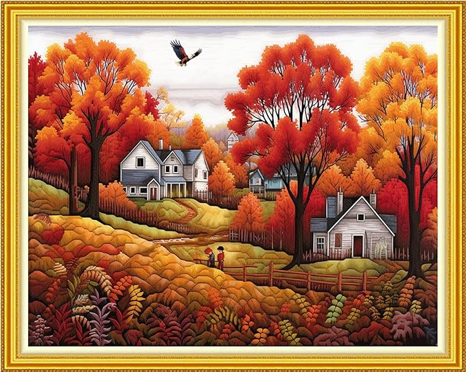 DMCVIVR Stamped Cross Stitch Kits for Beginners Adults Needlepoint Kits for Beginners Embroidery Kits for Adults Crossstitch Kit for Beginners 11CT-Harvest in Late Autumn 16x20 inch