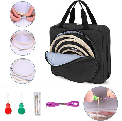 LoDrid Embroidery Kit, Embroidery Project Bag with Embroidery Kit, Portable Craft Carry Case with Starter Kit, Embroidery Supplies Storage Bag and Cross Stitch Kits for Beginners, Adults, Black
