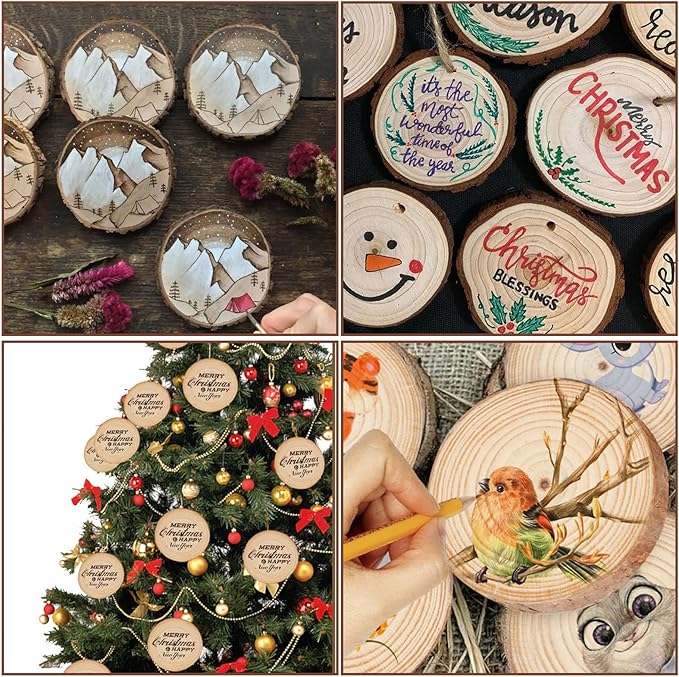 Acrux7 100 PCS Natural Wood Slices for Painting, 2.4-2.8 Inch Unfinished Wood Slices Predrilled with Hole, Round Wooden Slices for DIY Crafts, Arts, Christmas Ornaments, Coaster, Home Decoration