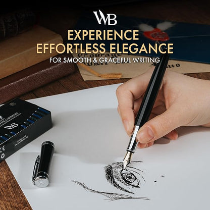 Wordsworth & Black Fountain Pen Set, 18K Gilded Extra Fine Nib, Includes 24 Pack Ink Cartridges, Ink Refill Converter & Gift Box, Chrome Finish, Calligraphy, [Black Chrome], Perfect for Men & Women