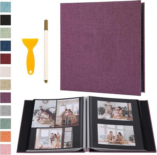 Photo Album Self Adhesive Pages Black Sticky Pages Large Scrapbook Linen Cover for 4x6 5x7 8x10 Pictures Album de Fotos Wedding Couples Baby Family Memory Book, 11x10.6 Purple 40 Pages