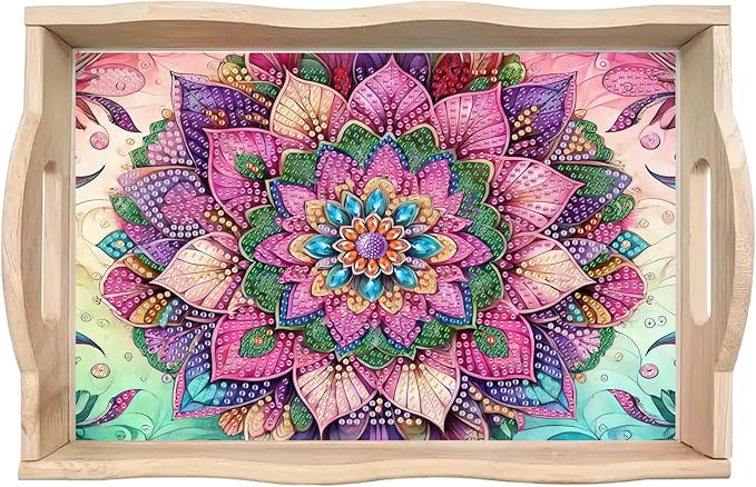 DoxQcs DIY Diamond Art Wooden Tray Kit Easter Food Tray with Handle Diamond Painted Table Decoration Tray for Breakfast Bar Dinner Table Diamond Art Painting for Beginners-#18-Mandala