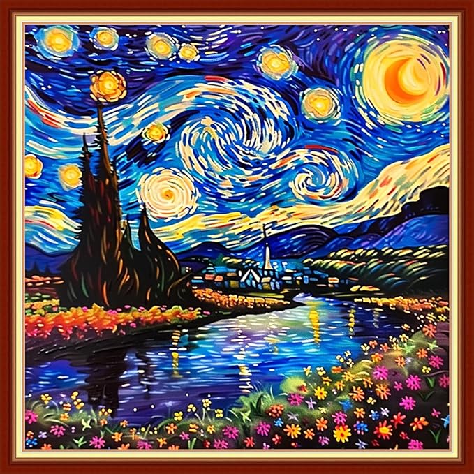 Funchey Stamped Cross Stitch Kits, DIY Cross Stitch Pattern for Adults Beginners Needlepoint Kits Embroidery Kit Arts and Crafts 11CT&Van Gogh Starry Sky Flower 18x18 inchs