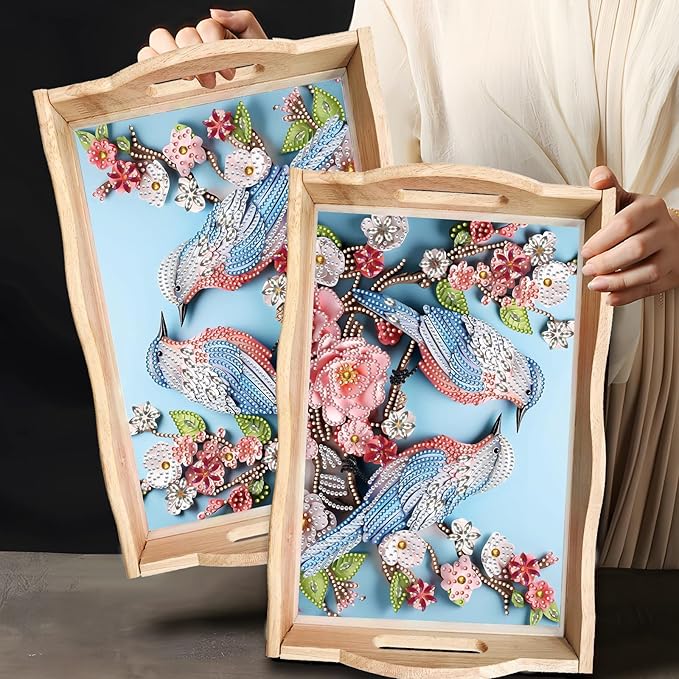 DIY Diamond Art Wooden Tray Kit, Food Tray with Handle Diamond Painted Table Decoration Tray, for Breakfast, Bar Dinner Table Diamond Dots Gem Painting Art Set for Beginners-#40-Bird Flower