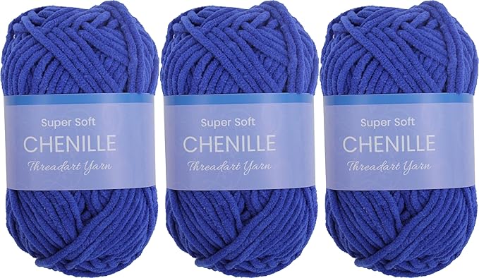 3 Pack ThreadArt Chenille Yarn for Crocheting, Knitting, Amigurumi, Super Soft Plush Velvet Yarn - 50 Gram 60 yds #5 Fluffy Yarn Skeins - Royal Blue 10
