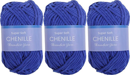 3 Pack ThreadArt Chenille Yarn for Crocheting, Knitting, Amigurumi, Super Soft Plush Velvet Yarn - 50 Gram 60 yds #5 Fluffy Yarn Skeins - Royal Blue 10