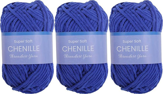 3 Pack ThreadArt Chenille Yarn for Crocheting, Knitting, Amigurumi, Super Soft Plush Velvet Yarn - 50 Gram 60 yds #5 Fluffy Yarn Skeins - Royal Blue 10