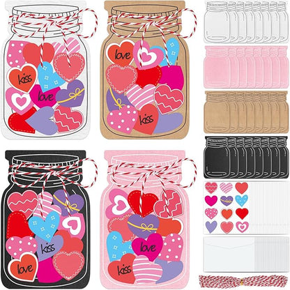 32 Sets Valentine's Day Love Jar Craft Kit DIY Paper Heart in Jar Note Cards and Envelopes Love Hearts Stickers for Valentine's Day Greeting Classroom Activity
