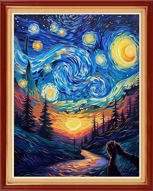 Funchey Stamped Cross Stitch Kits, DIY Cross Stitch Pattern for Adults Beginners Needlepoint Kits Embroidery Kit Arts and Crafts 11CT-Van Gogh Prays Under The Starry Sky 16x20 inchs