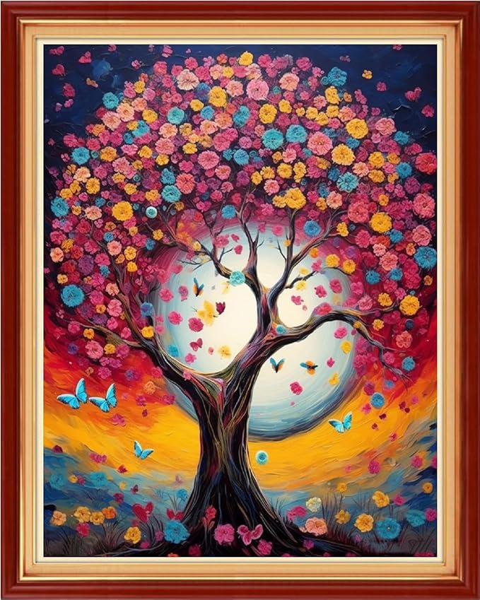 Dooxvey Cross Stitch Kit for Adults Beginners - Stamped Needlepoint Embroidery Kit, 11CT Pattern Colorful Moon Tree, 16x20 Inch