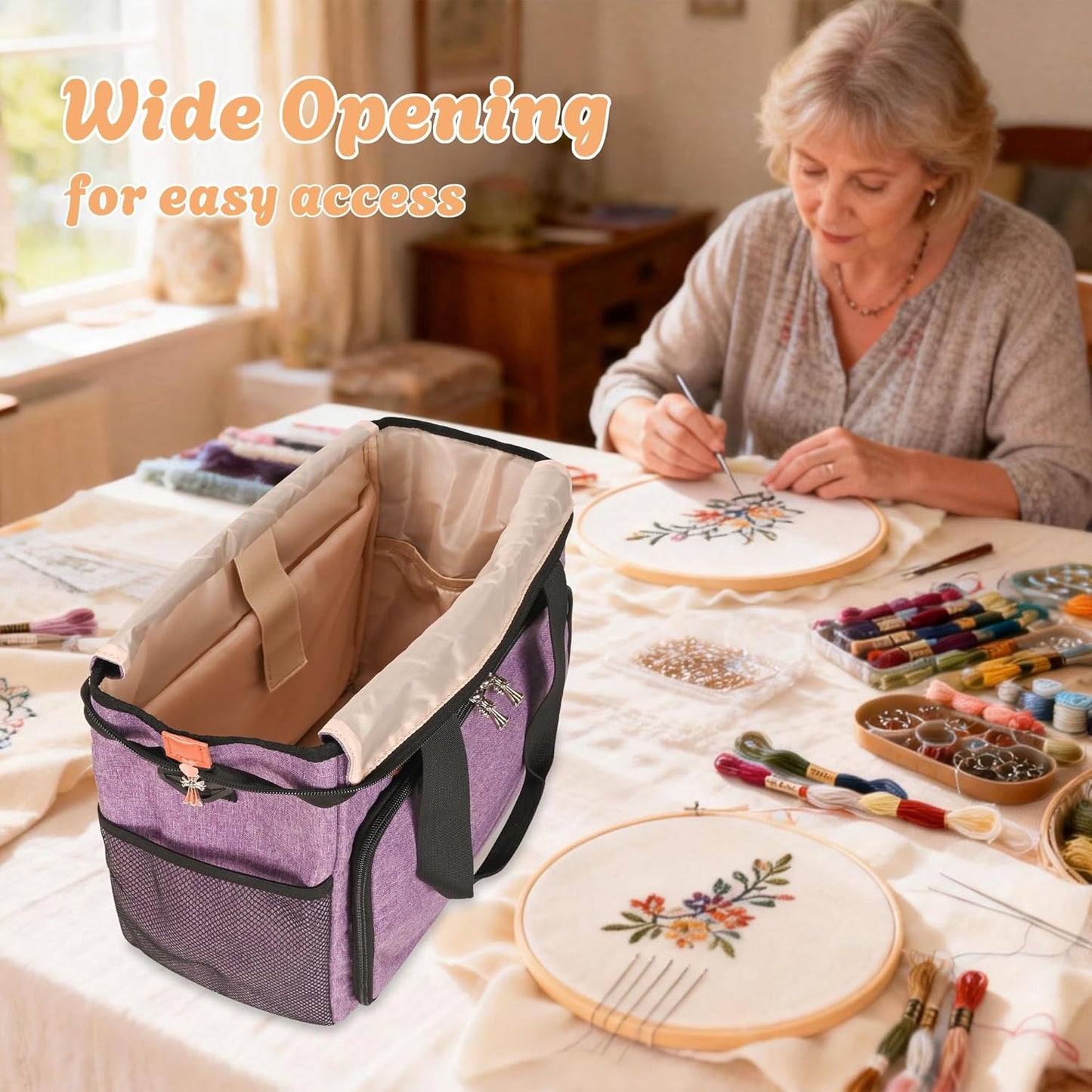 Embroidery Project Bag with Multiple Compartments & Shoulder Strap (Purple)