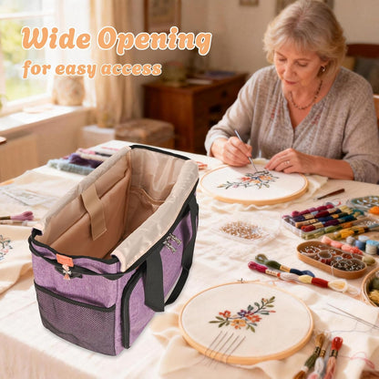Embroidery Project Bag with Multiple Compartments & Shoulder Strap (Purple)