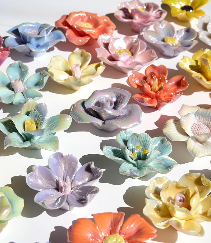 Lanyani 10 Pieces Iridescent Ceramic Blossom for Mosaic Crafts, Mixed Bright Color Porcelain Floral Flower Mosaic Tiles Embellishments for Art Craft