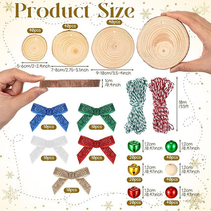 Gerrii 120 Pcs Natural Wooden Slices 2-4 Inch Wooden Christmas Ornament Embellishments Craft with Bows Beads Bells DIY Creative Handmade for Christmas Ornaments Holiday Hanging Decorations