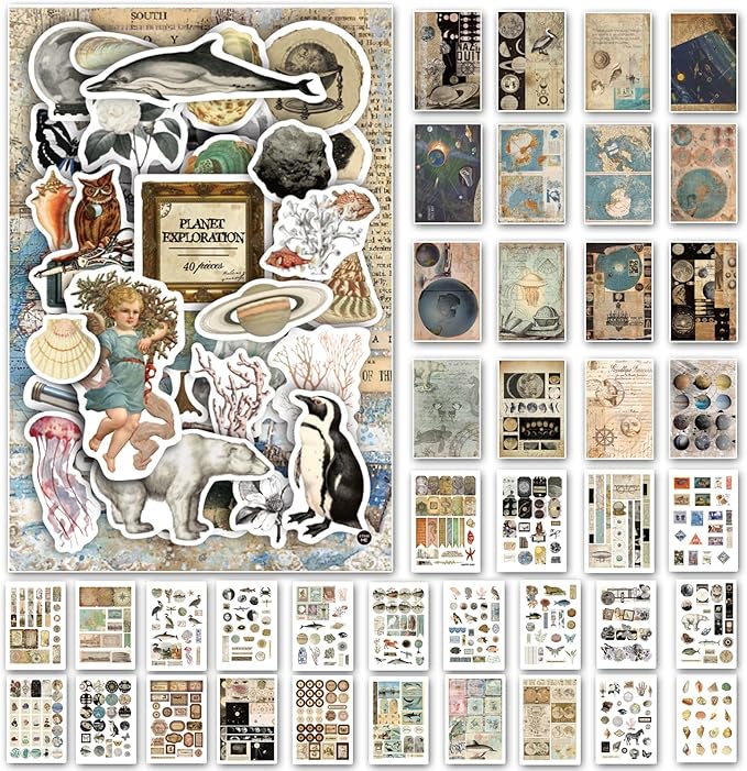 Prstincol Vintage Aesthetic Washi Stickers and Papers for Scrapbooking,40 Sheets Ephemera Book for Art Journaling with Celestial and Ocean Theme Stickers and Decoupage Papers for Junk Journal