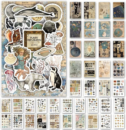 Prstincol Vintage Aesthetic Washi Stickers and Papers for Scrapbooking,40 Sheets Ephemera Book for Art Journaling with Celestial and Ocean Theme Stickers and Decoupage Papers for Junk Journal
