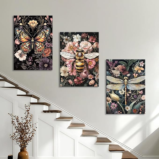 WENGTIAO 3Pcs Vintage Insect Canvas Wall Art Gothic Dark Flower Prints Bee Butterfly Dragonfly Pictures Nature Plant Paintings Artwork for Living Room Bathroom Bedroom 20x28x3