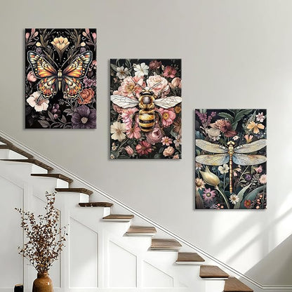 WENGTIAO 3Pcs Vintage Insect Canvas Wall Art Gothic Dark Flower Prints Bee Butterfly Dragonfly Pictures Nature Plant Paintings Artwork for Living Room Bathroom Bedroom 20x28x3