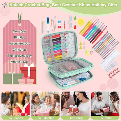 Katech Crochet Hooks Set with Crochet Case, 73 pcs Knitting Accessories Ergonomic Crochet Hook for Making Bag, Glovers, Sock, Colorful Soft Handle Knitting Needles Kits DIY Hand Tool
