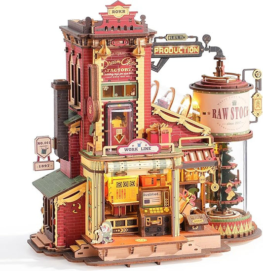 ROKR 3D Puzzle for Adults Christmas Style Dream Gift Factory Wooden Model Kit Luminous Factory DIY Dollhouse Kit Building with Music, Lights and 5 Elves for Adults