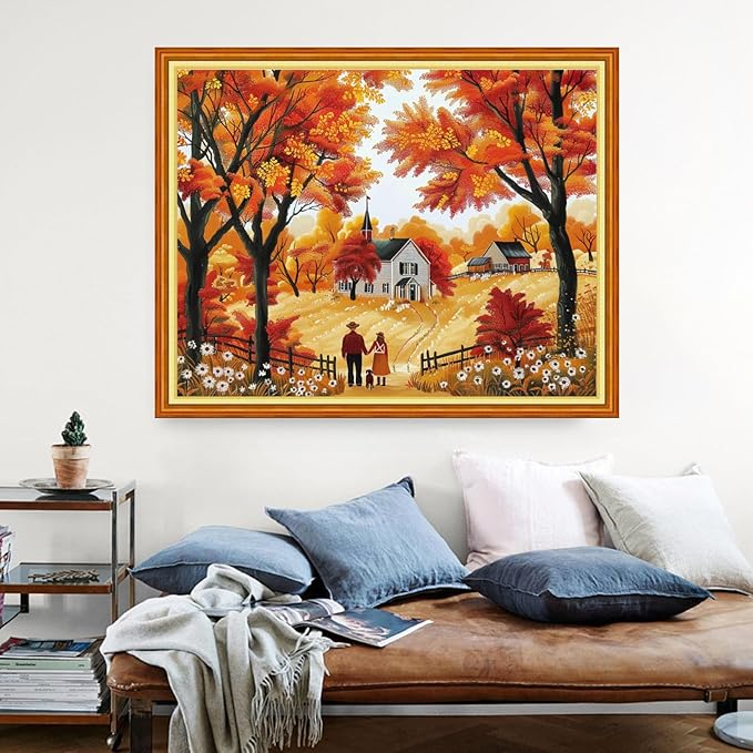 Dimensean Stamped Cross Stitch Kits Full Range of Embroidery Patterns Starter Kits for Beginners Adult DIY Cross Stitches Needlepoint Kits 11CT-Golden Autumn Couple 16x20 inch