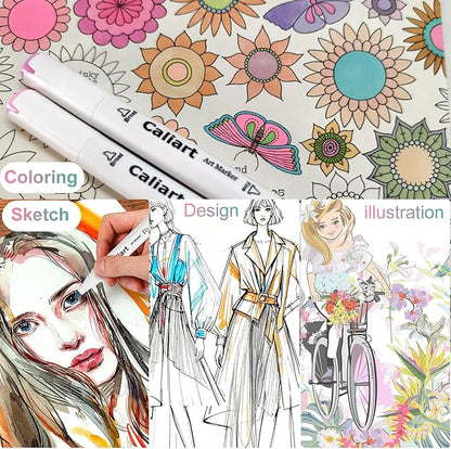 Caliart Pastel Markers, 100 Colors Dual Tip Art Markers Sketch Pens Permanent Alcohol Based, with Case for Adults Artists Drawing Illustration Sketching Coloring