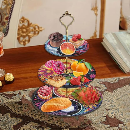 Three-Tier Diamond Painting Wooden Cake Stand DIY Sunflower Diamond Painting Cupcake Towel-Lined Tiered Tray Reusable Pastry Stand (Sunflower)