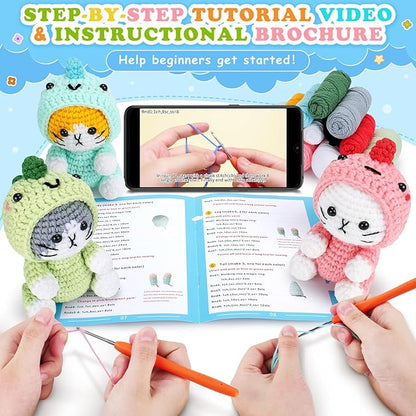 Crochet Kit for Beginners - 3 PCS Dinosaur Cat Crochet Kits with Step-by-Step Video Tutorials, Beginner Crochet Kit for Adults, Crochet Animal Kit for Starters, Cat Dressed as Dinosaur Crochet Set