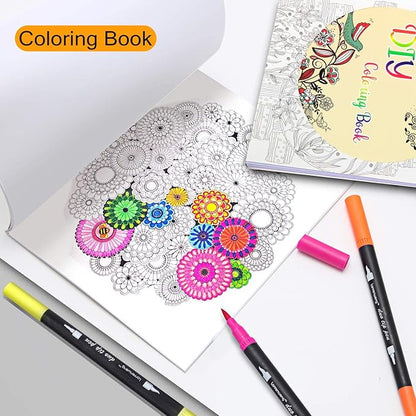 LANRENWENG 100 Colors Duo Tip Brush Markers Art Pen Set, Fine Brush Tip Colored Pens Set with Canvas Bag,Adult Coloring Books Drawing Sketching Calligraphy