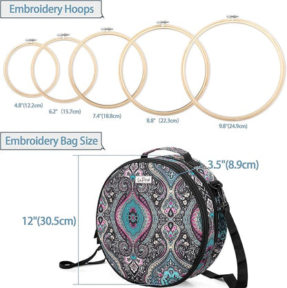 LoDrid Embroidery Kit, Double-Layer Round Storage Bag with Complete Cross Stitch Tools Kit, Embroidery Starter Kits for Beginners, Adults, with Handles and Shoulder Strap, Totem